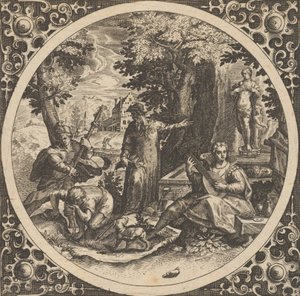 Scène met een waarschuwing tegen geslachtsziekten in een cirkel in het midden, 1580-1600 door Theodore de Bry