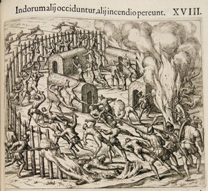 Sommige indianen worden gedood, sommigen sterven in een brand. Uit: Americae pars quarta door Theodore de Bry
