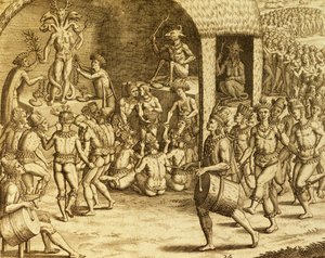 Zuid-Amerikaanse inheemse religieuze rite, gravure uit Historia americae, door Theodor de Bry, Frankfurt door Theodore de Bry