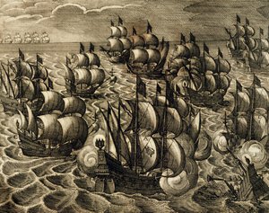 Spaanse Armada onder bevel van Rodrigo Mendoza, gravure door Theodore de Bry, uit History of America, Spanje, 1602