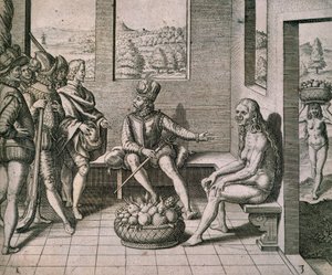 Spaanse veroveraars ontmoeten inheemse vrouwen in Amerika door Theodore de Bry