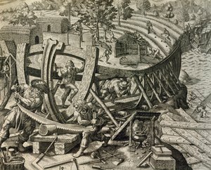 Spaanse zeelieden bouwen karveel, gravure uit Historia Americae, door Theodor de Bry door Theodore de Bry