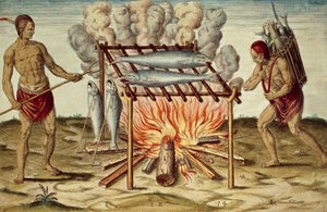 Taino inboorlingen koken vis, kleurgravure door Theodor de Bry, naar schilderij van John White, uit Kort en waar verslag van nieuw gevonden land van Virginia