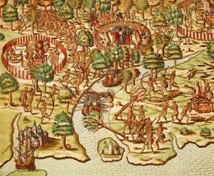 Technieken van belegering en aanval, gravure door Theodor de Bry, uit Americae tertia pars door Theodore de Bry