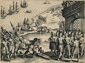 De Nederlanders ontschepen in Calcutta door Theodore de Bry