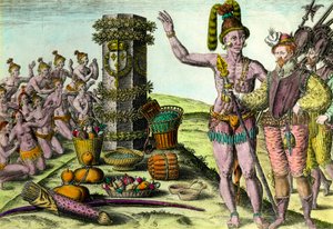 De Floridianen kwamen de kolom opgericht door de Franse navigator Jean Ribault (1520-1565) van de eerste expeditie naar Florida Gravure uit 