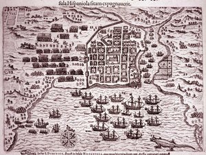 De vloot van Francis Drake bezet het eiland Santo Domingo (Gravure) door Theodore de Bry