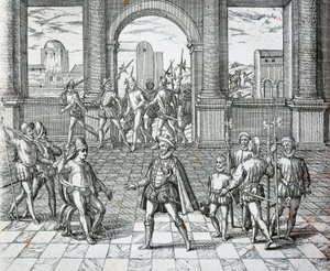 De Inca koning Atahualpa gevangen genomen door Spanjaarden in Cajamarca, Illustratie uit Amerikaanse Geschiedenis