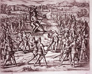De Inca-koning, Atahualpa (of Atabaliba), met een scepter in de vorm van een zon, wordt op een draagstoel gedragen om Francisco Pizarro te ontmoeten (gravure)