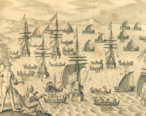 Het eiland van dieven, gravure uit Amerikaanse geschiedenis door Theodore de Bry, Noord-Amerika 17e eeuw door Theodore de Bry