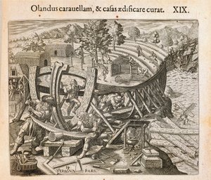 De Spanjaarden bouwen hun eerste schip in de Nieuwe Wereld, gravure door Theodor de Bry uit Americae pars quarta, sive, Insignis et admiranda historia de reperta primum Occidentali India Christophoro Columbo, door Girolamo Benzoni