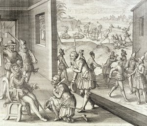 De Spaanse verovering van Fort Caroline, 1565, uit 