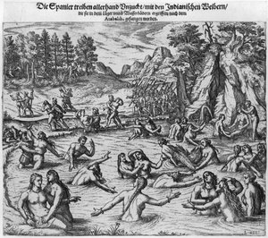 De Spanjaarden mishandelen de Indiaanse vrouwen na de gevangenneming van koning Atahualpa in 1532 door Theodore de Bry