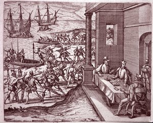 De Spaanse conquistadores Francisco Pizarro, Diego de Almagro en Hernando de Luque bundelden hun krachten om Peru te veroveren