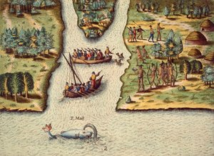 De aankomst van de Fransen, gravure door Theodore de Bry, uit The Discourse of Florida door Theodore de Bry