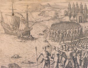 De aankomst van de Portugezen in Peru door Theodore de Bry