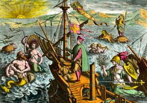 Het schip van de Italiaanse navigator Amerigo Vespucci (1454 - 1512) door Theodore de Bry
