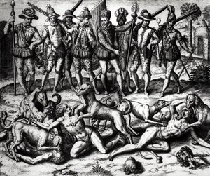 De honden van Vasco Nunez de Balboa vallen de Indianen aan