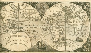 Titelpagina van Americae Pars VIII met een portret van Francis Drake en zijn schip, de Golden Hind door Theodore de Bry