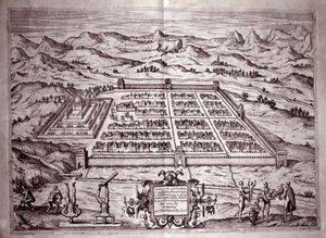 Zicht op de Inca-stad Cuzco, Peru (Gravure)