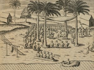 Welkom van inheemse Afrikaanse inboorlingen, illustratie uit Indiae Orientalis door Antonio Pigafetta, door Theodore de Bry door Theodore de Bry