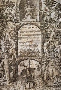 West-Indië of Amerika, frontispice, gravure door Theodore de Bry