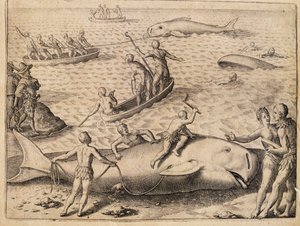 Walvisvangst bij Spitsbergen, gravure door Theodor de Bry uit India Orientalis door Theodore de Bry