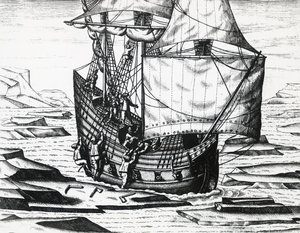 Schip van William Barents tijdens derde Nederlandse expeditie op zoek naar de Noordoostelijke Doorvaart, gravure