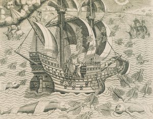 Gevleugelde vis uit de zeeën van de Indiën, illustratie uit Amerikaanse geschiedenis door Theodore de Bry