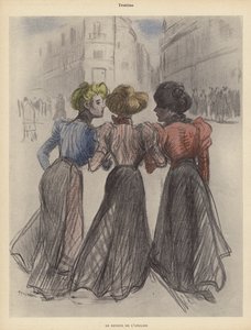 Drie vrouwen lopen over straat