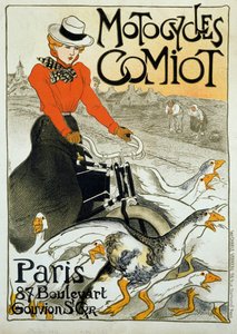Reclameposter voor Comiot-motorfietsen. Een jonge vrouw op een bromfiets rijdt tussen een groep ganzen