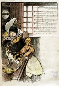 Kind in de armen van een vrouw die met een kat speelt, ill. Steinlen voor bladmuziek, 19e eeuw