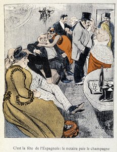 Filles et Marlous: Het is het feest van de Spanjaarden: de notaris betaalt de champagne - in "Dans la vie", door Steinlen 1901 door Théophile Alexandre Steinlen