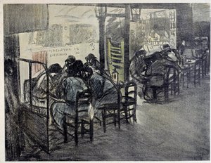 Op het terras van het café (Op de etalage staat "Absinthe 15", "Pernod 20") door Théophile Alexandre Steinlen