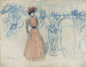Vrouw bij de bushalte door Théophile Alexandre Steinlen