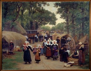 De aankomst bij de Pardon de Fouesnant Bretonse families in traditionele klederdracht door Theophile Louis Deyrolle