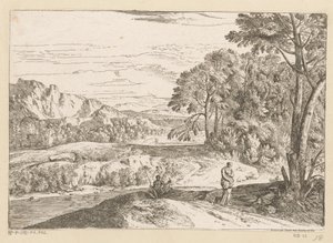 Arcadisch landschap met een visser bij een beek