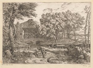 Arcadisch landschap met een kudde geiten aan het water en een moeder met kind op een pad met overige figuren