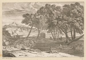 Arcadisch landschap met een visser in een boot