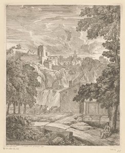 Arcadisch landschap met een waterval en een vrouw onder een boom door Théodore