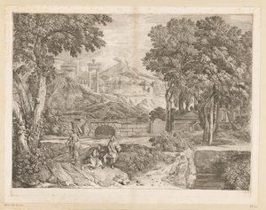 Arcadisch landschap met twee mannen en een fruit-dragende vrouw