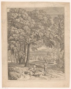 Arcadisch landschap met twee mannen en een korfdragende vrouw door Théodore