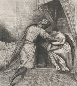 Hij verstikt haar: plaat 13 uit Othello Act 5, Scene 2, geëtst 1844, herdrukt 1900 door Théodore Chassériau