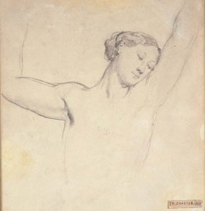 Vrouwelijk model, halve figuur met opgeheven armen