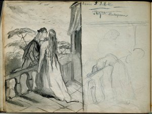 De geliefden Romeo en Julia Illustratie van het gelijknamige stuk van William Shakespeare (1564-1616) die geliefden toont die elkaar kussen op het balkon. Schets door Théodore Chassériau (1819-1856) Parijs. Louvre Museum door Théodore Chassériau