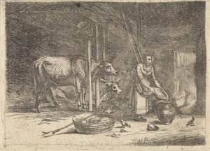 Koeienstal met melkmeid door Théodore Wynant Stallenbergh