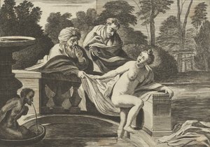 Susanna, gedeeltelijk naakt en uit een fontein stappend met twee ouderlingen links, een o..., ca. 1656-60