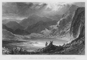 Stickle Tarn, Langdale Pikes, vanaf Pavey Ark, Westmorland (gravure)