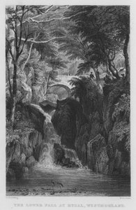 De onderste waterval bij Rydal, Westmorland door Thomas (after) Allom