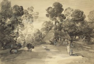 Boslandschap met Figuren, Huisje en Koe, ca. 1785